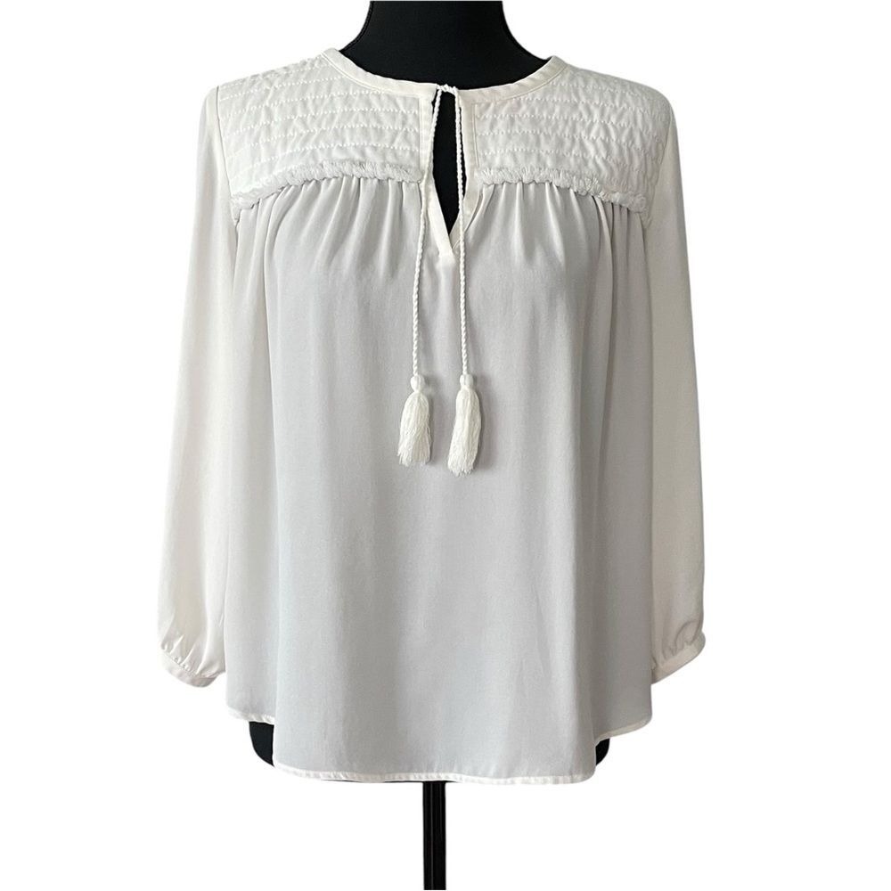 LOFT Size Small Smocked Yoke Split-Tie Neck Blouse 3/4 Length Sleeves Boho Ivory